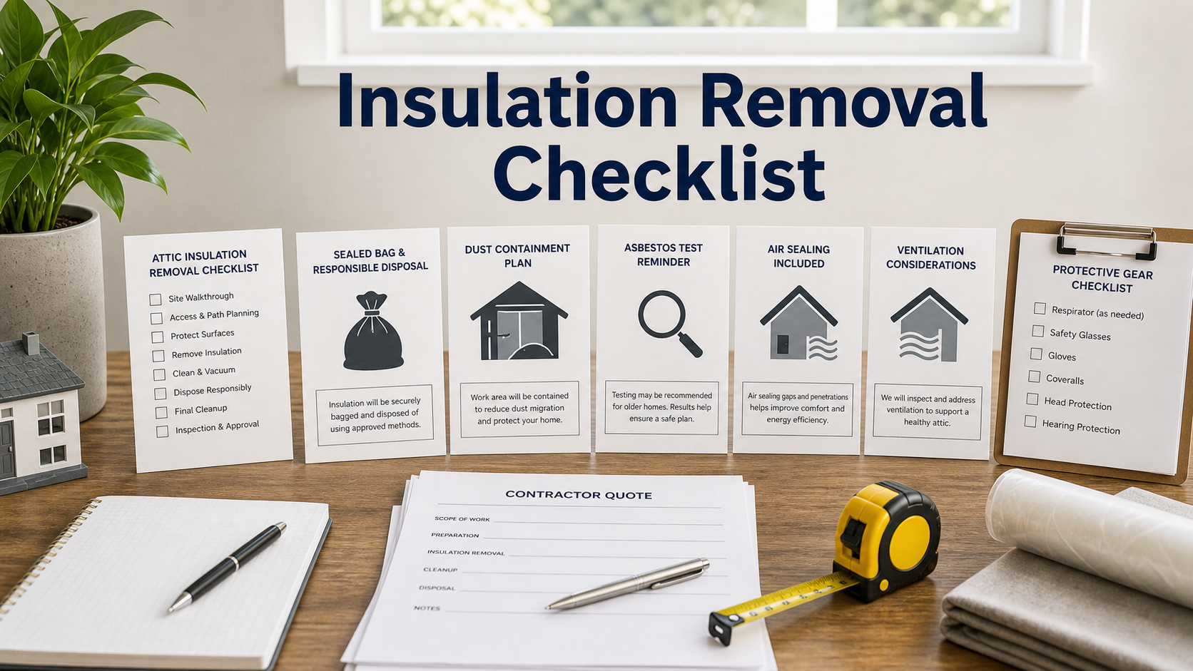 Insulation removal quote checklist with dust containment, asbestos test reminder, disposal, and attic access notes