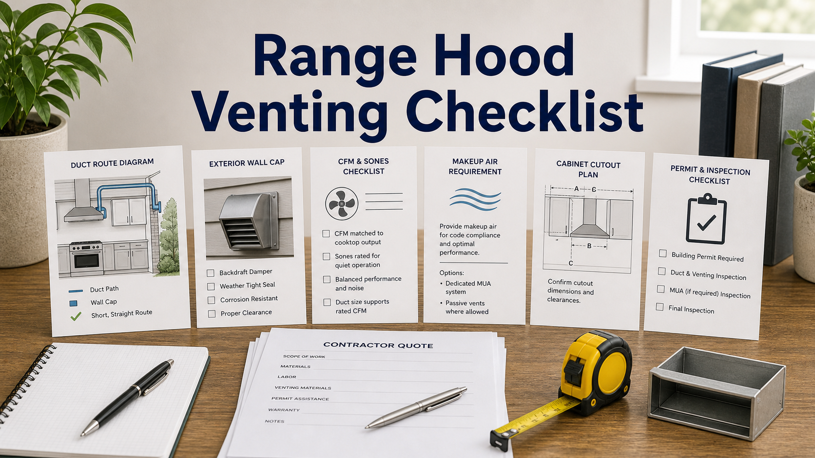 Kitchen range hood venting quote checklist with duct route, CFM, makeup air, exterior cap, cabinet cutout, and permit notes