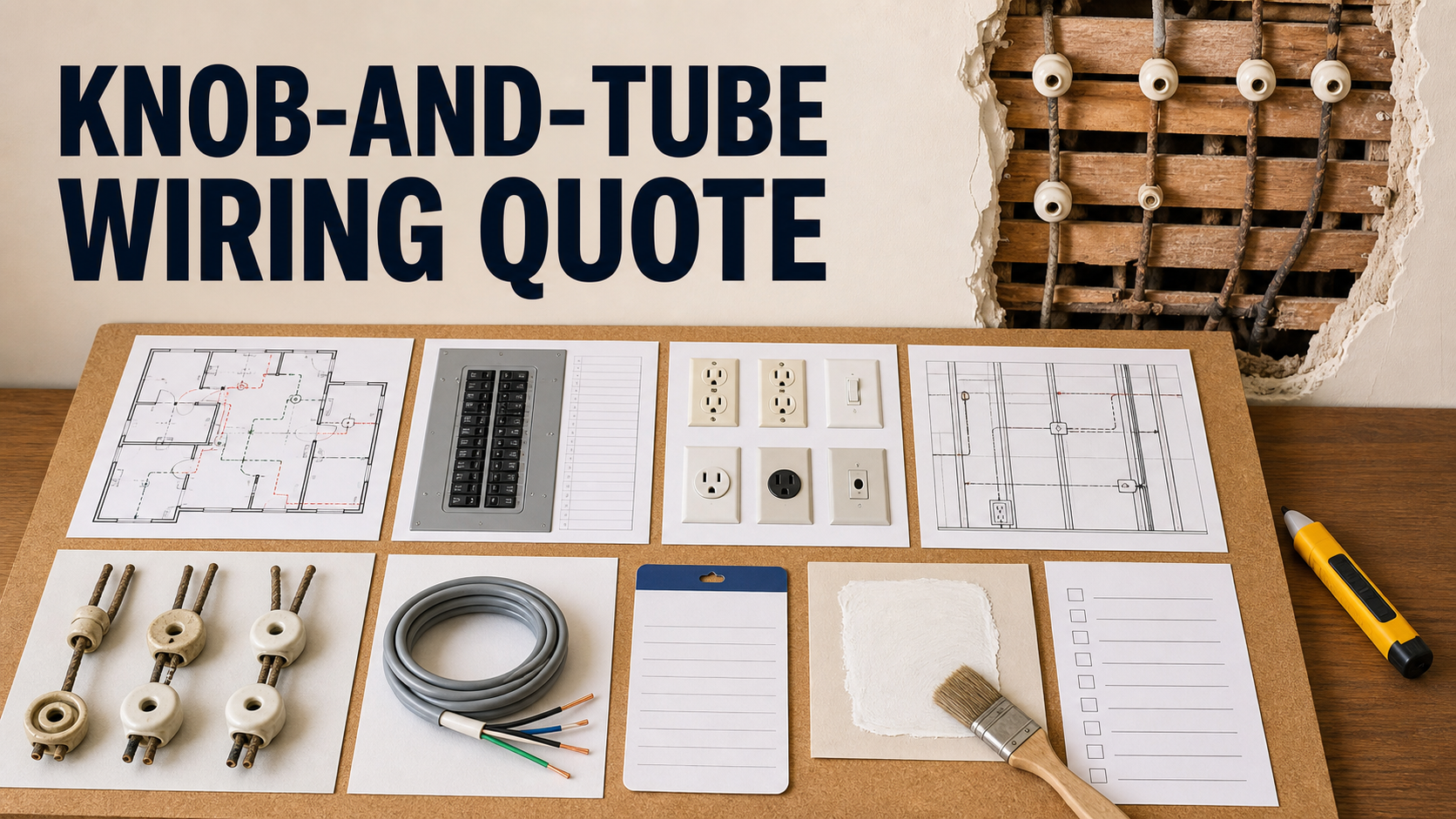 Knob-and-tube wiring replacement quote planning desk with circuit map, grounded cable, panel schedule, wall access plan, permit, testing, and finish repair checklist