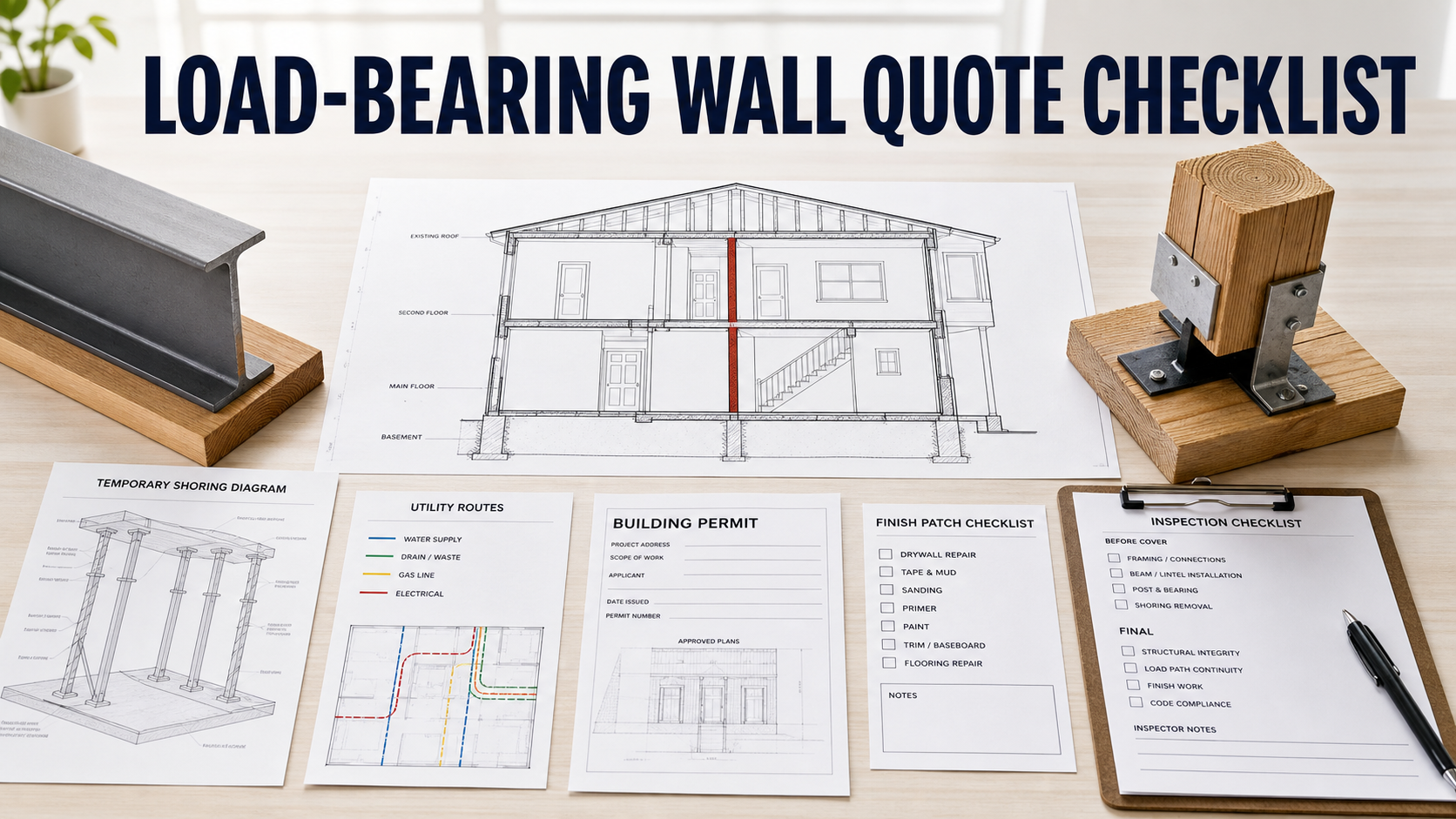 Load-bearing wall removal quote checklist with structural drawing, beam detail, temporary support plan, permit sheet, and inspection notes