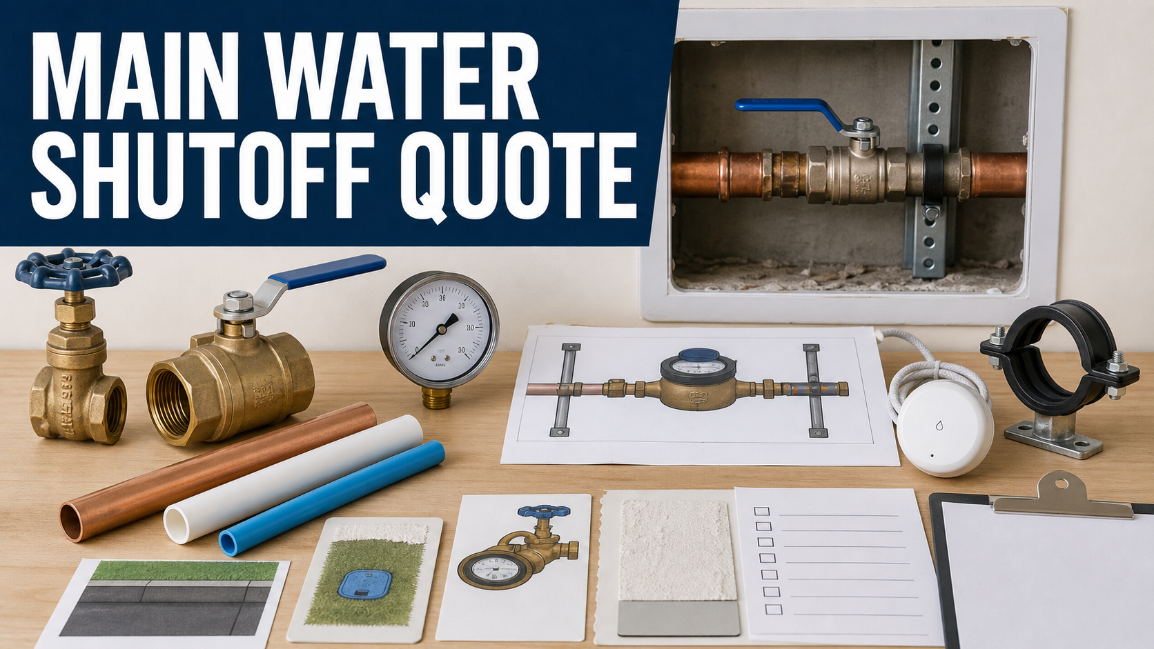 Main water shutoff valve replacement quote with valve types, pipe materials, pressure gauge, meter coordination, leak sensor, access panel, testing, and labeling
