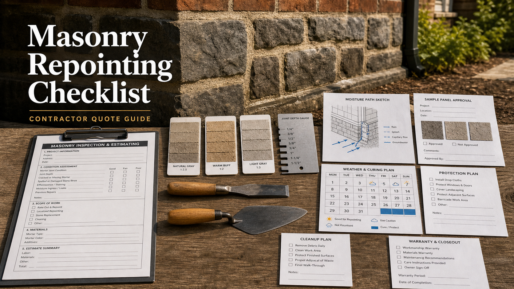Masonry foundation repointing quote checklist with mortar samples, joint-depth gauge, hand tools, moisture plan, sample panel, curing calendar, and warranty notes