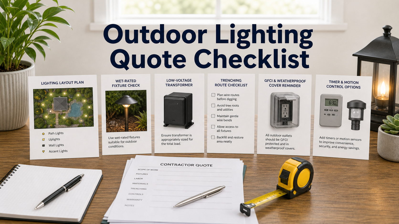 Outdoor lighting installation quote checklist with fixture rating, transformer, trenching route, GFCI, and control notes