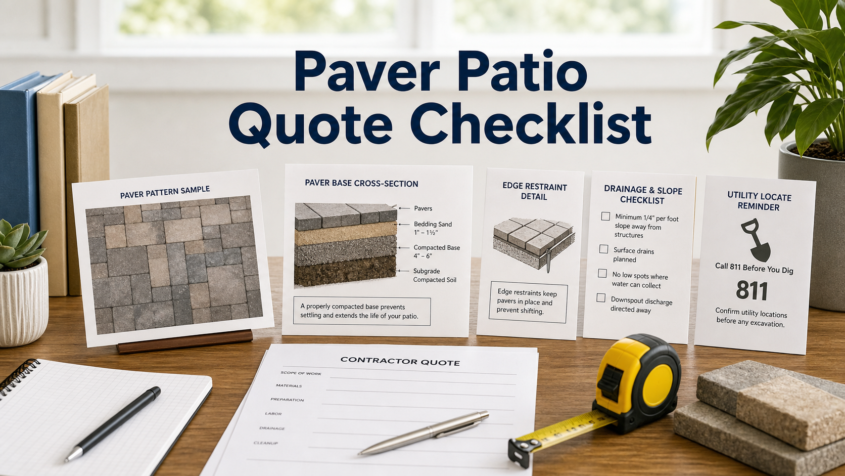 Patio paver installation quote checklist with base layer, drainage slope, edge restraint, and paver sample notes
