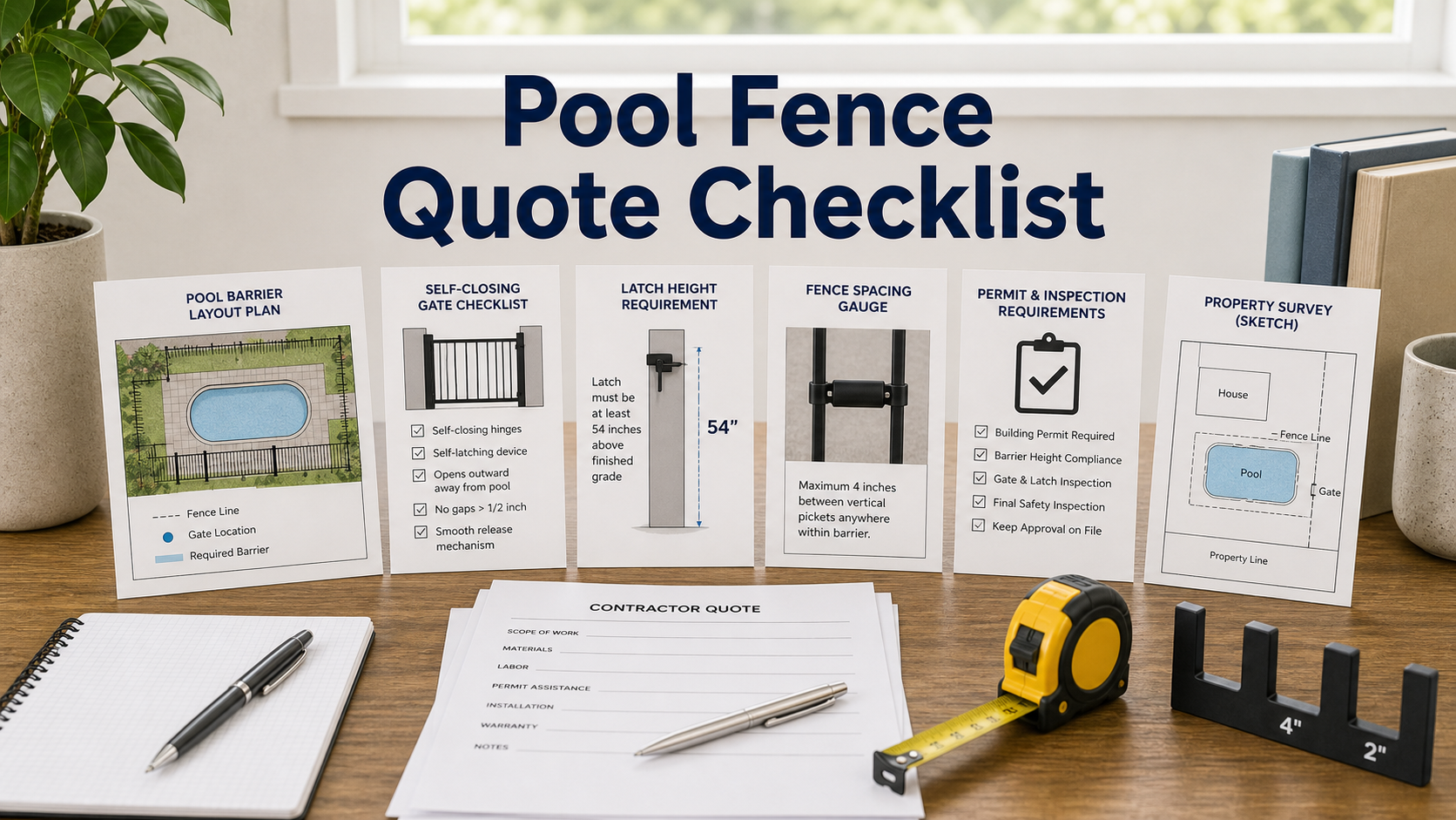 Pool fence installation quote checklist with barrier layout, self-closing gate, latch height, permit, and inspection notes