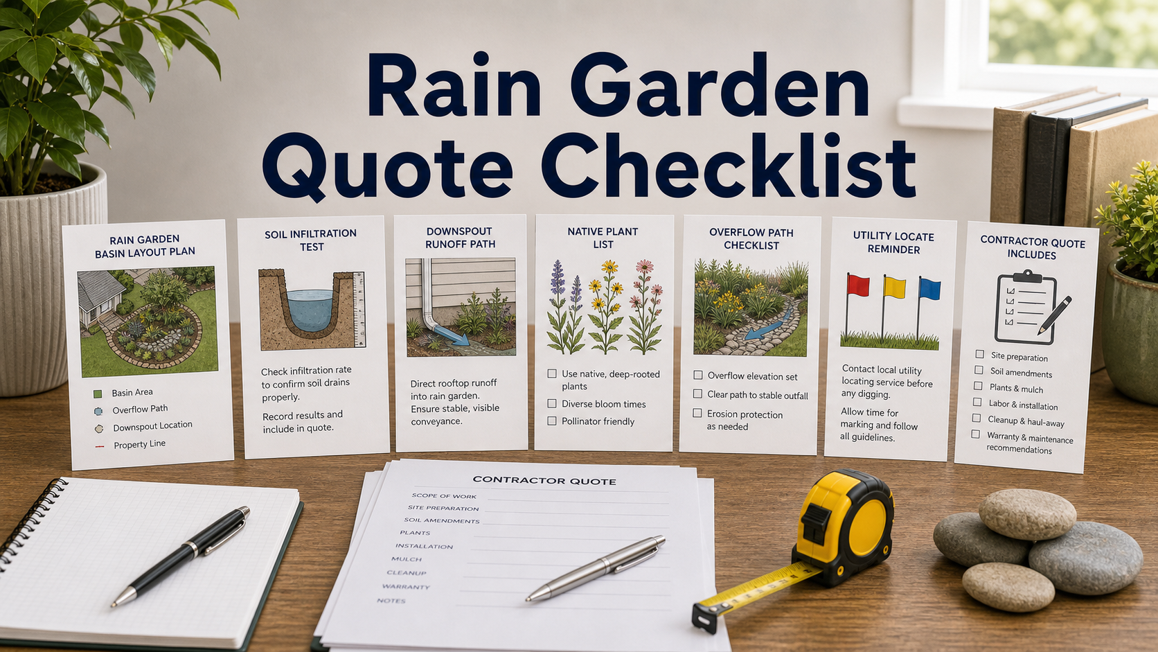 Rain garden installation quote checklist with basin layout, soil infiltration test, overflow path, native plants, and utility locating notes