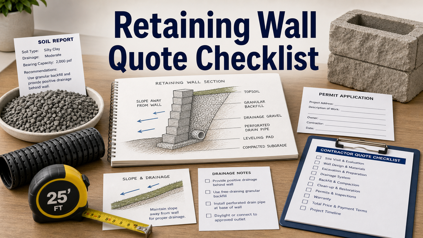 Retaining wall repair quote checklist with wall cross-section, gravel, drain pipe, slope arrows, and permit notes