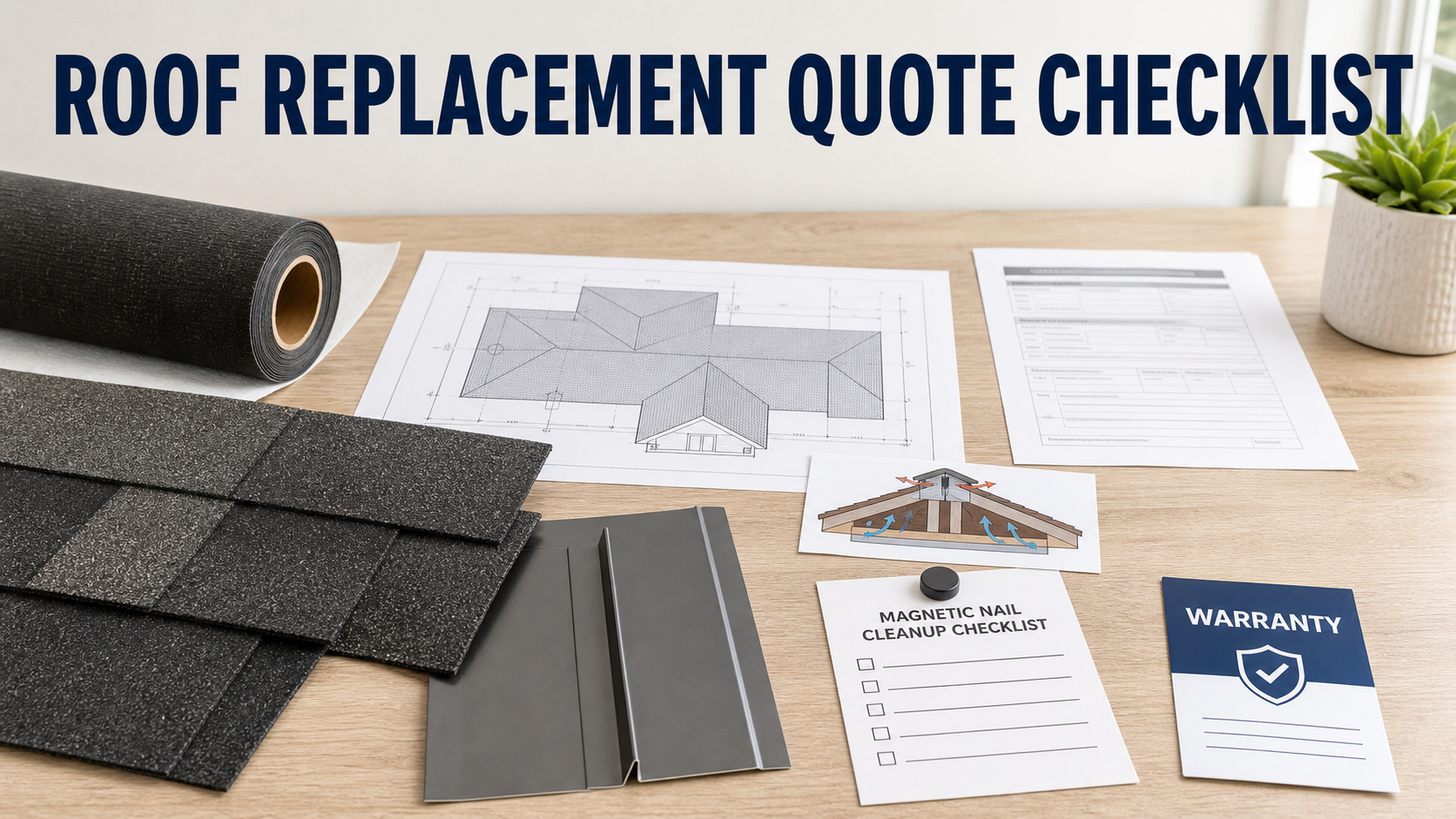 Roof replacement quote checklist with roof plan, shingle sample, flashing, underlayment, permit sheet, and cleanup notes