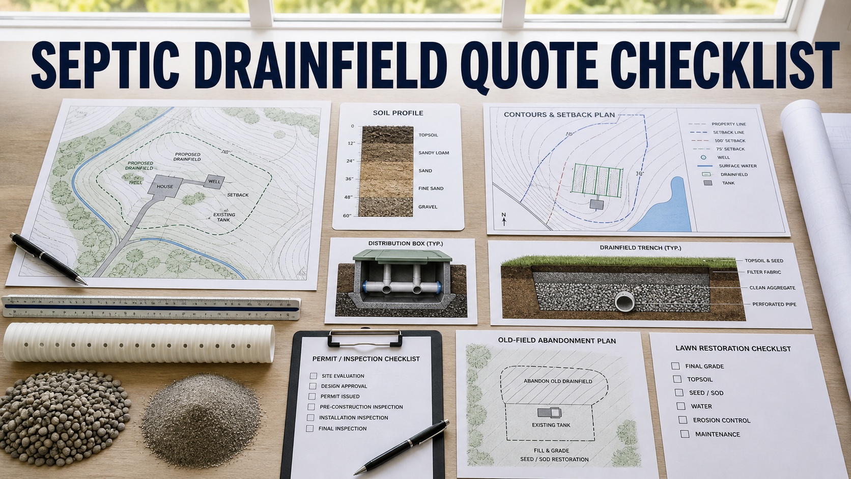 Septic drainfield replacement quote checklist with inspection map, soil profile, setback plan, distribution box, trench detail, permit sheet, and restoration notes