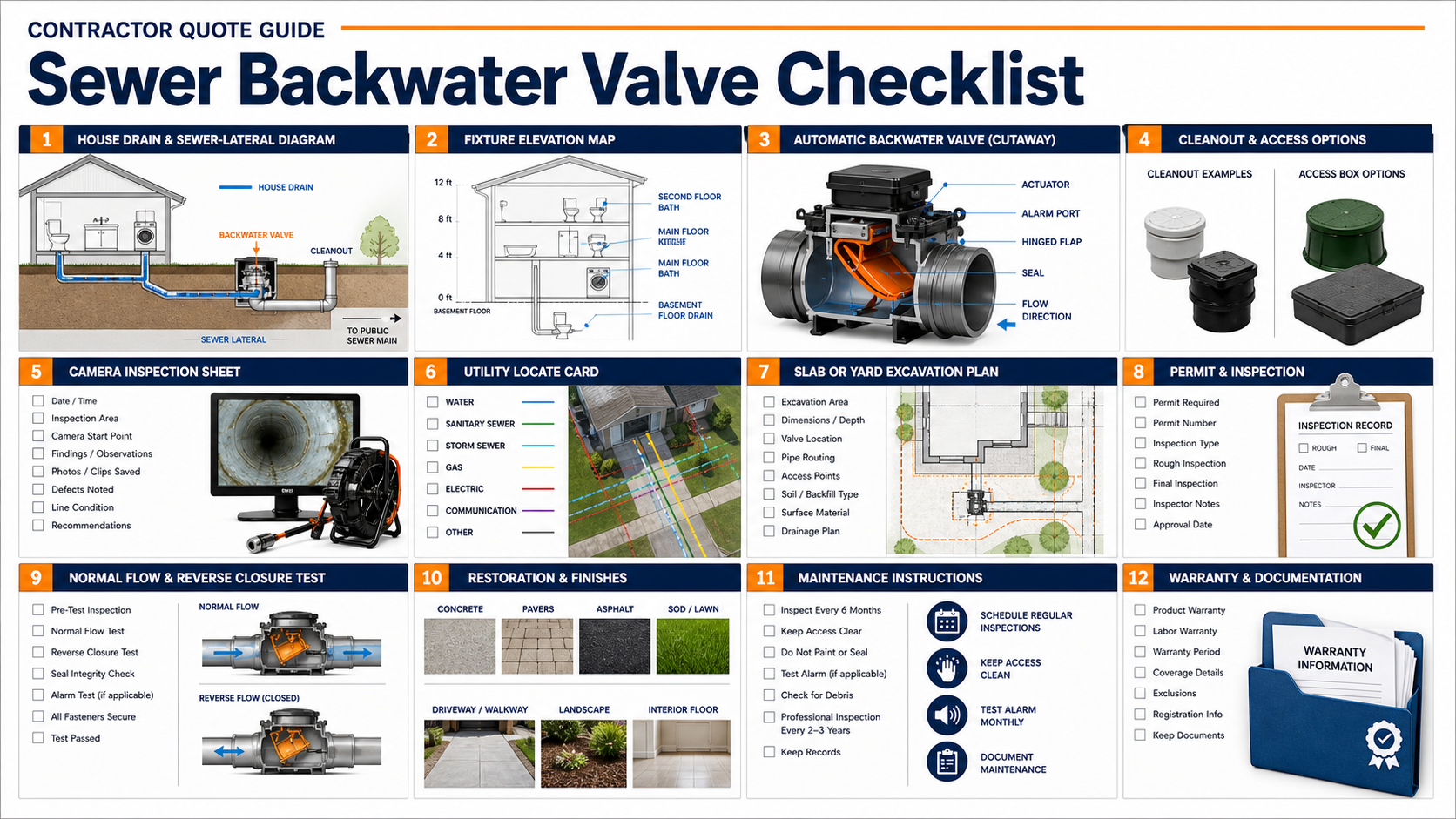 Sewer backwater valve installation checklist with drain map, fixture elevations, valve cutaway, camera inspection, excavation, permits, tests, restoration, and maintenance