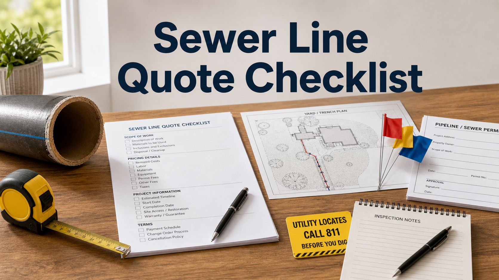 Sewer line replacement quote checklist with utility locate flags, trench plan, permit form, and pipe sample