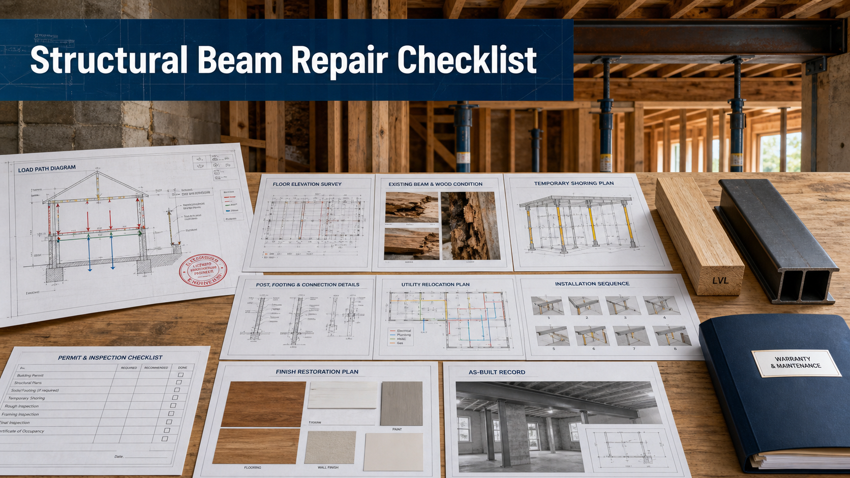 Structural beam repair quote checklist with engineer load path, elevation survey, damage photos, shoring, beam and connection samples, utilities, sequence, inspections, restoration, and warranty