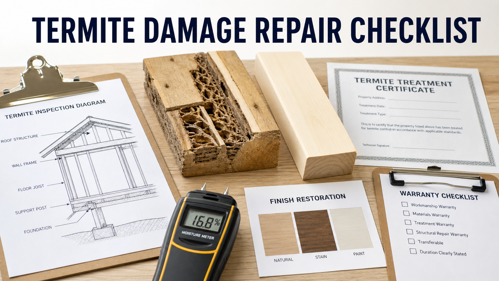 Termite damage repair quote checklist with inspection diagram, damaged wood sample, moisture meter, framing plan, treatment record, and warranty notes