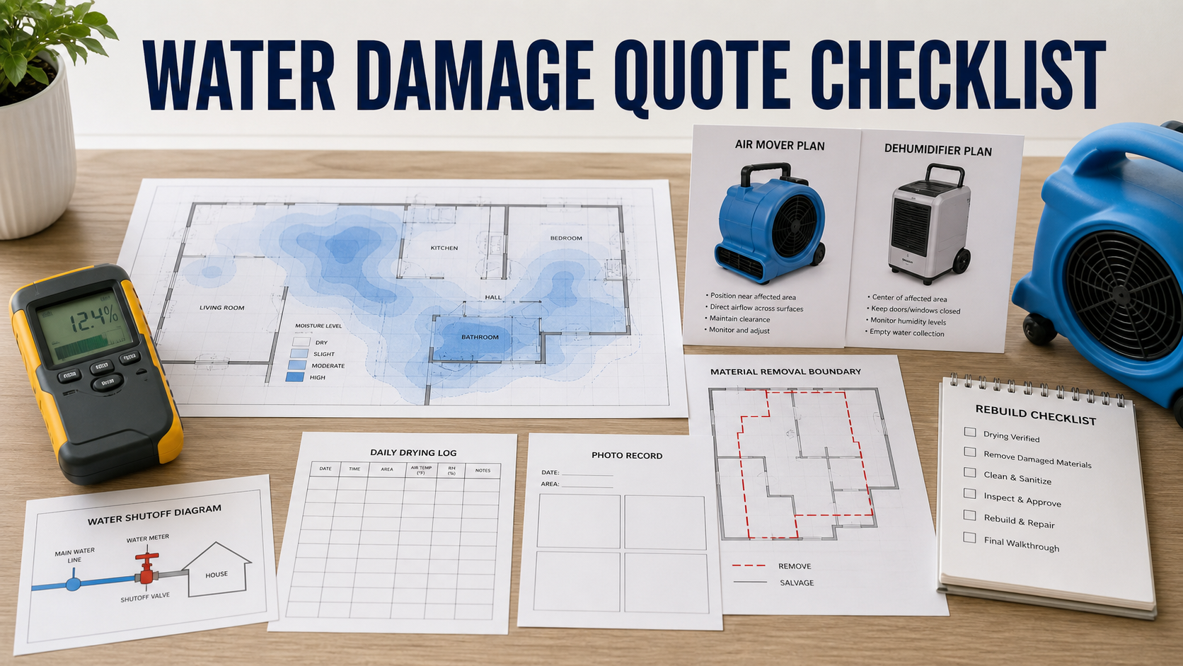 Water damage restoration quote checklist with moisture map, meter, drying equipment plan, removal boundaries, daily log, and rebuild notes