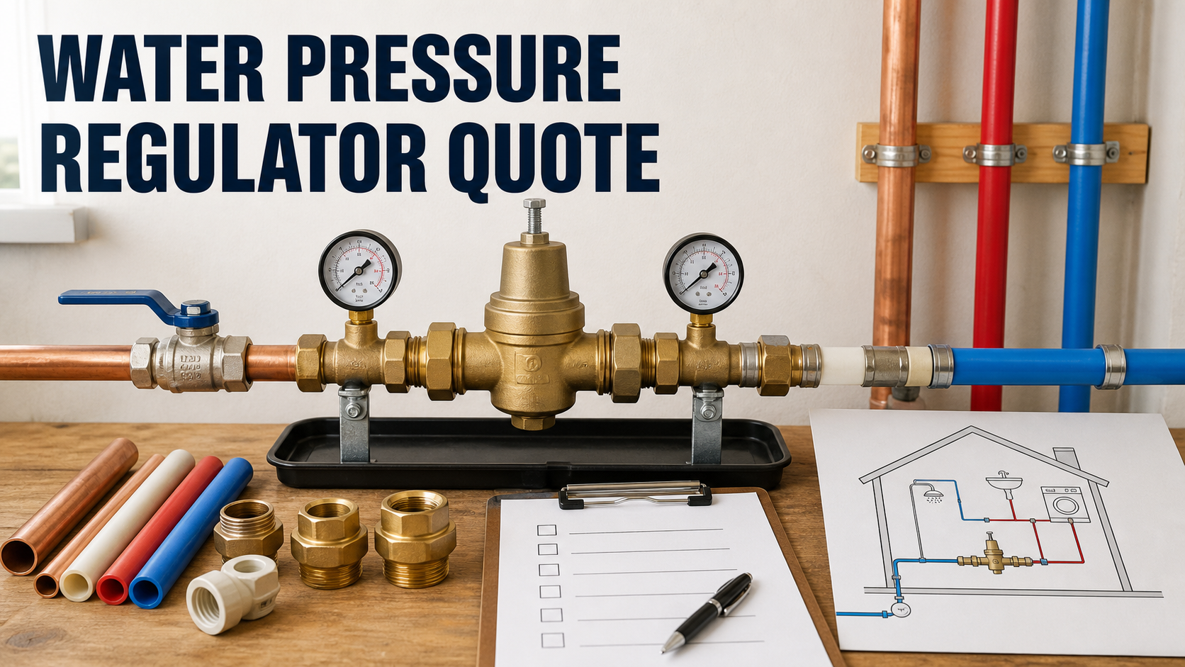 Water pressure regulator replacement quote with generic valve, upstream and downstream gauges, shutoff, unions, piping, supports, and inspection checklist