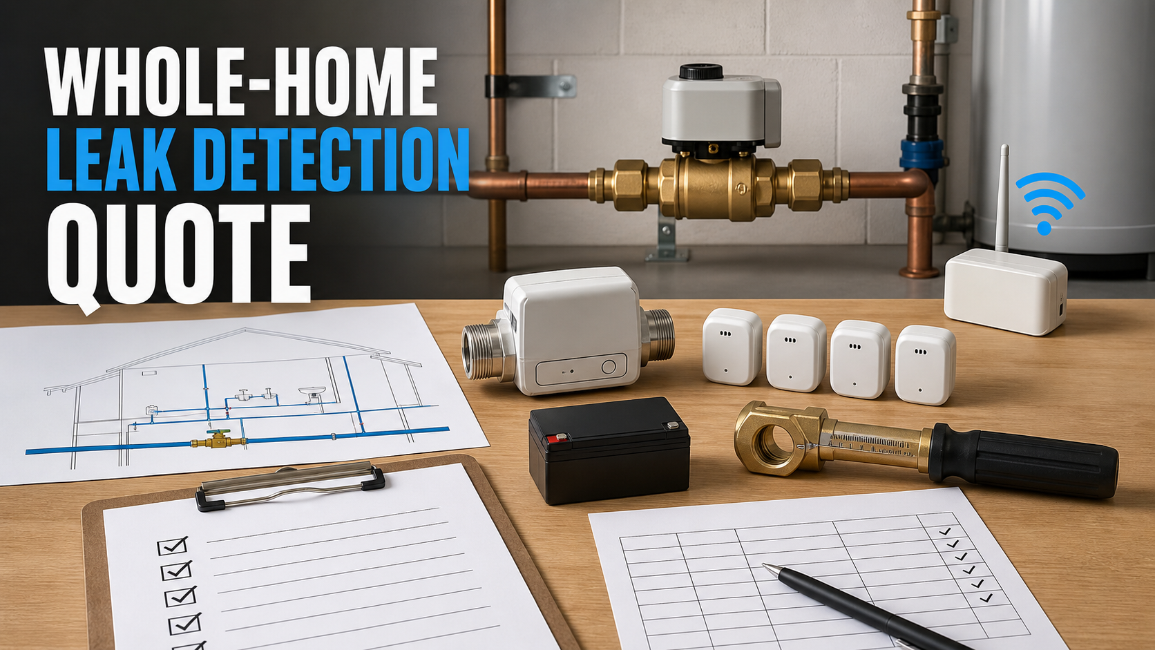 Whole-home leak detection quote with generic inline shutoff, flow monitor, moisture sensors, gateway, battery backup, water-line plan, and commissioning checklist