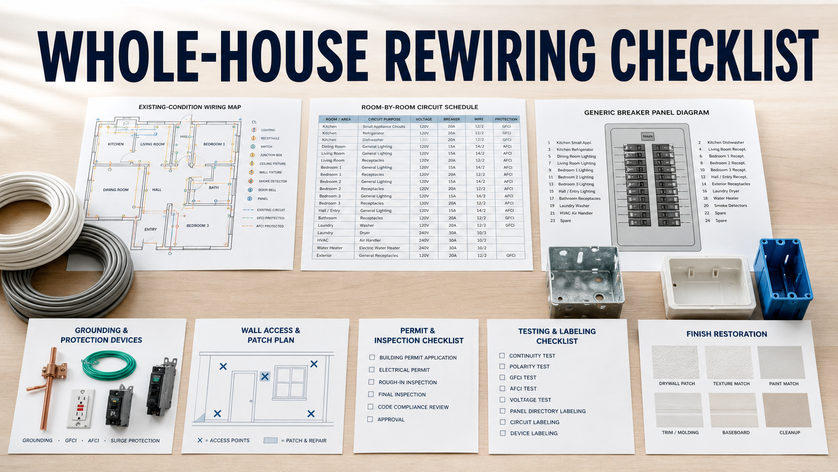 Whole-house rewiring quote checklist with inspection map, circuit schedule, panel diagram, cable samples, access plan, permit sheet, testing, and restoration notes