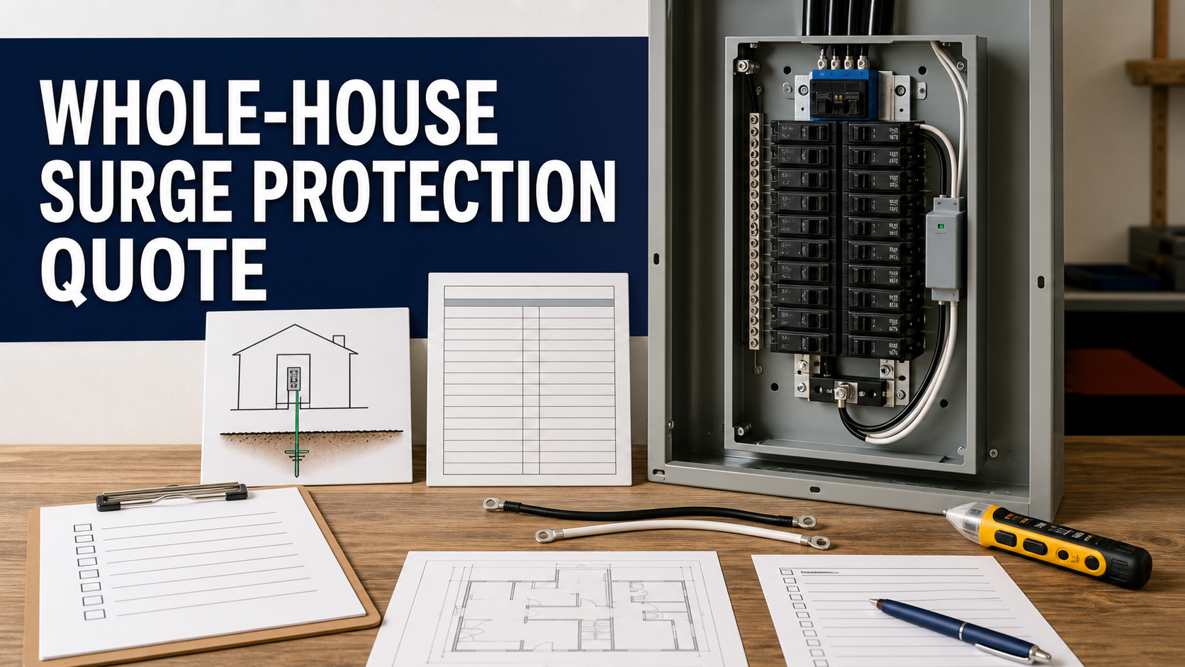 Whole-house surge protection quote with generic panel, surge protective device, short conductors, grounding diagram, directory, permit checklist, and inspection sheet