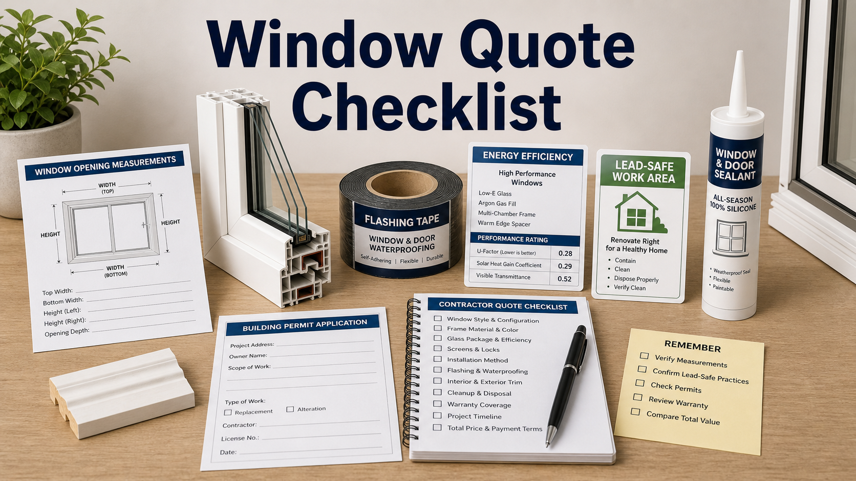 Window replacement quote checklist with measurement sheet, window cross-section, flashing tape, trim sample, and lead-safe note