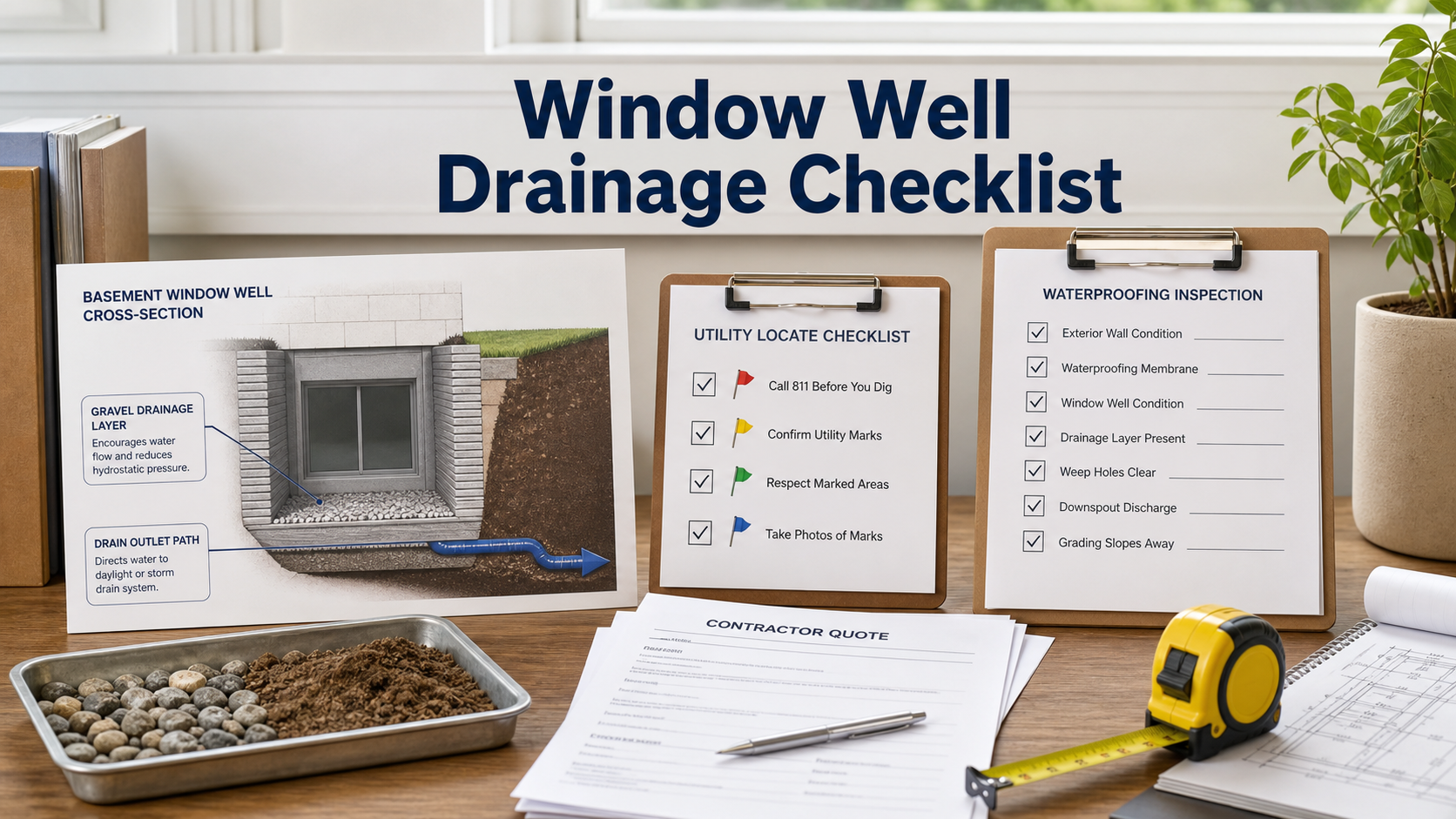Window well drainage repair quote checklist with drain path, gravel layer, utility locate, and waterproofing notes