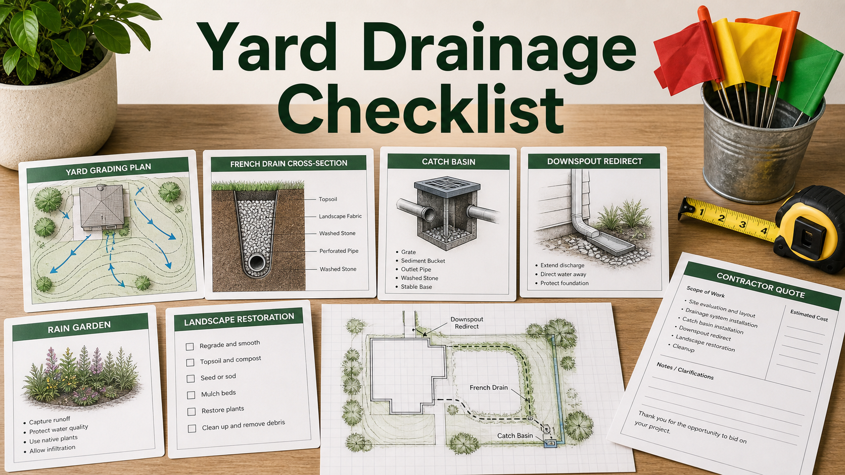 Yard drainage system quote checklist with grading plan, French drain cross-section, catch basin card, downspout sketch, and restoration checklist