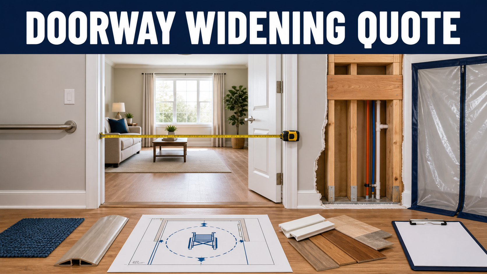 Accessible doorway widening quote review with clear opening, maneuvering space, lever hardware, threshold, framing, utilities and finish samples
