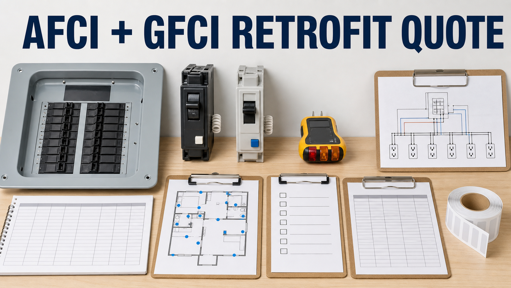 AFCI and GFCI retrofit quote planning with generic panel diagram, protective devices, circuit survey, permit checklist, test log, and labels