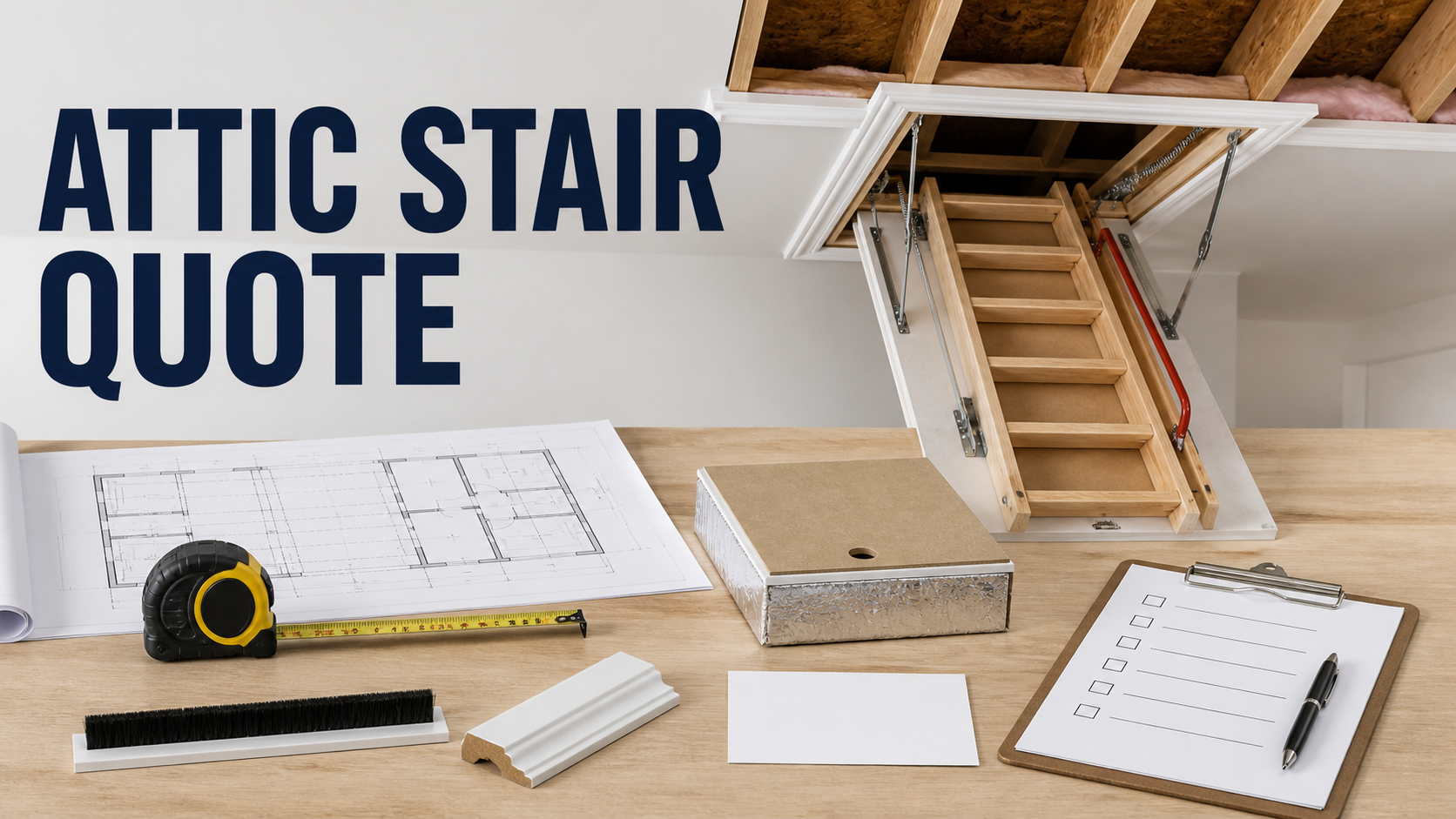 Attic pull-down stair installation quote planning with ceiling framing, ladder model, insulation cover, weatherstripping, trim, and inspection checklist