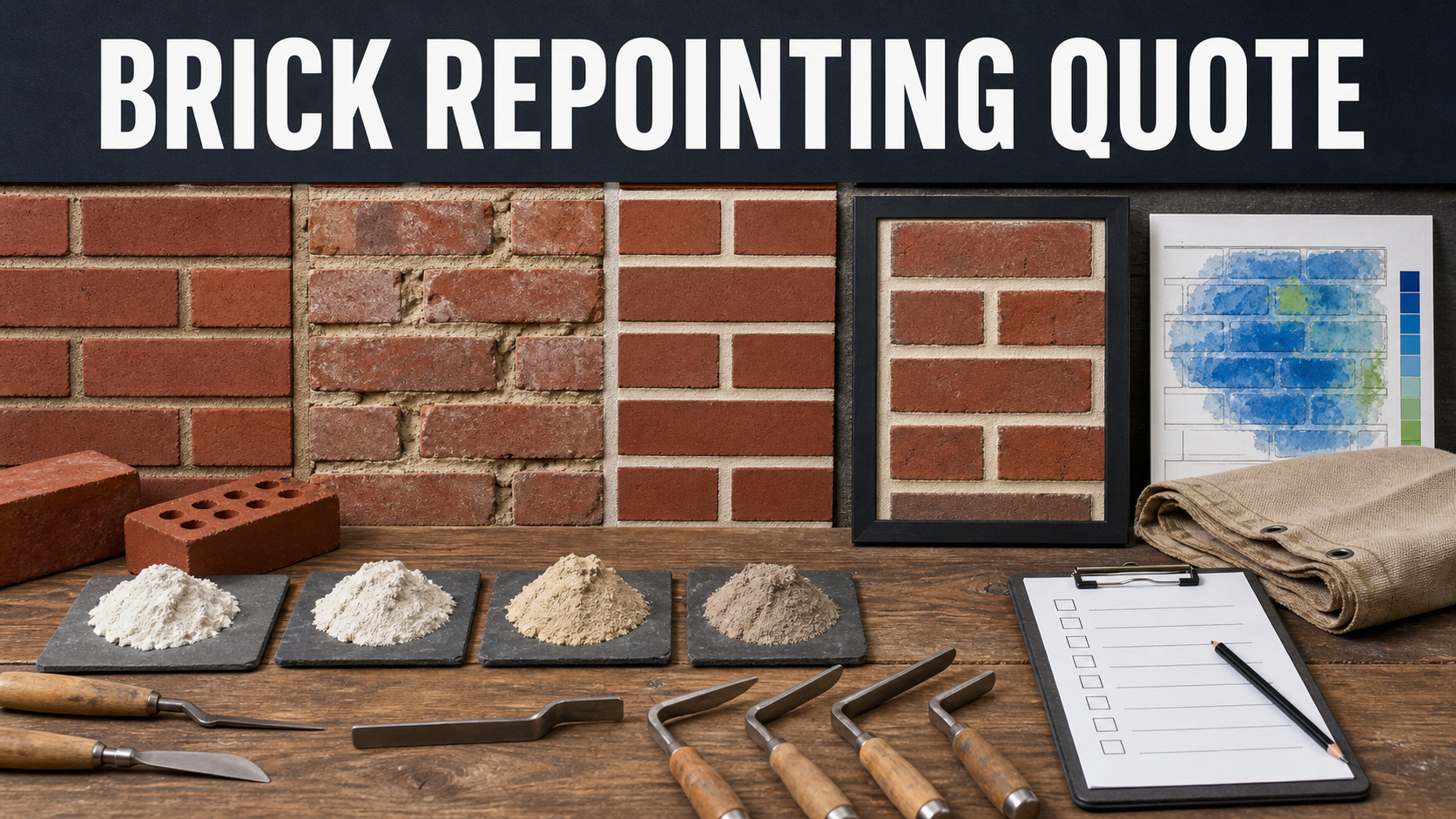 Brick repointing quote review with deteriorated and prepared joints, mortar samples, pointing tools, sample panel, and curing checklist