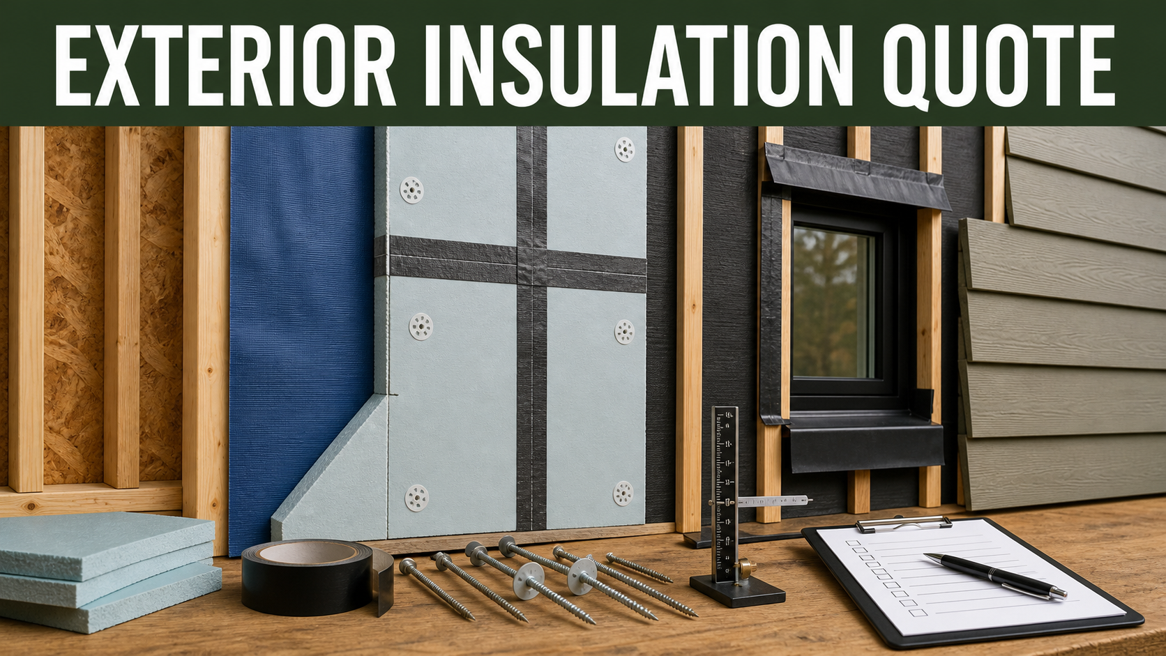 Exterior continuous insulation quote review with wall layers, water barrier, rigid insulation, window flashing, furring, fasteners, cladding, and checklist