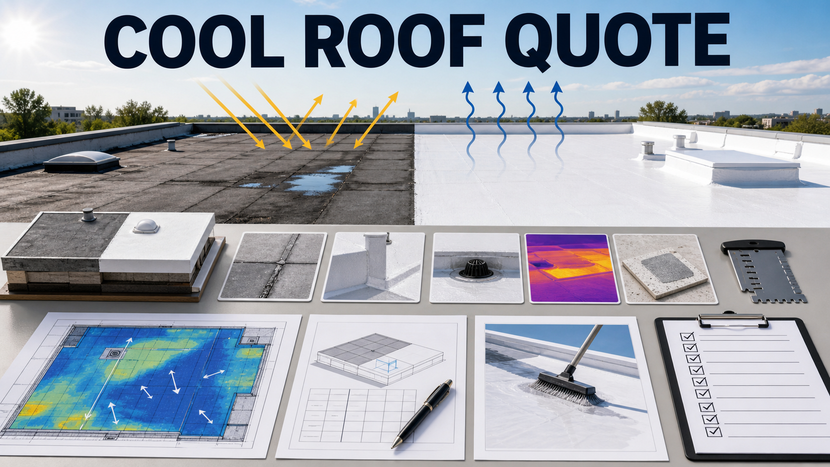Cool roof quote planning with reflective roof model, solar reflectance, thermal emittance, drainage map, flashings, moisture scan, adhesion test, film gauge, and warranty checklist