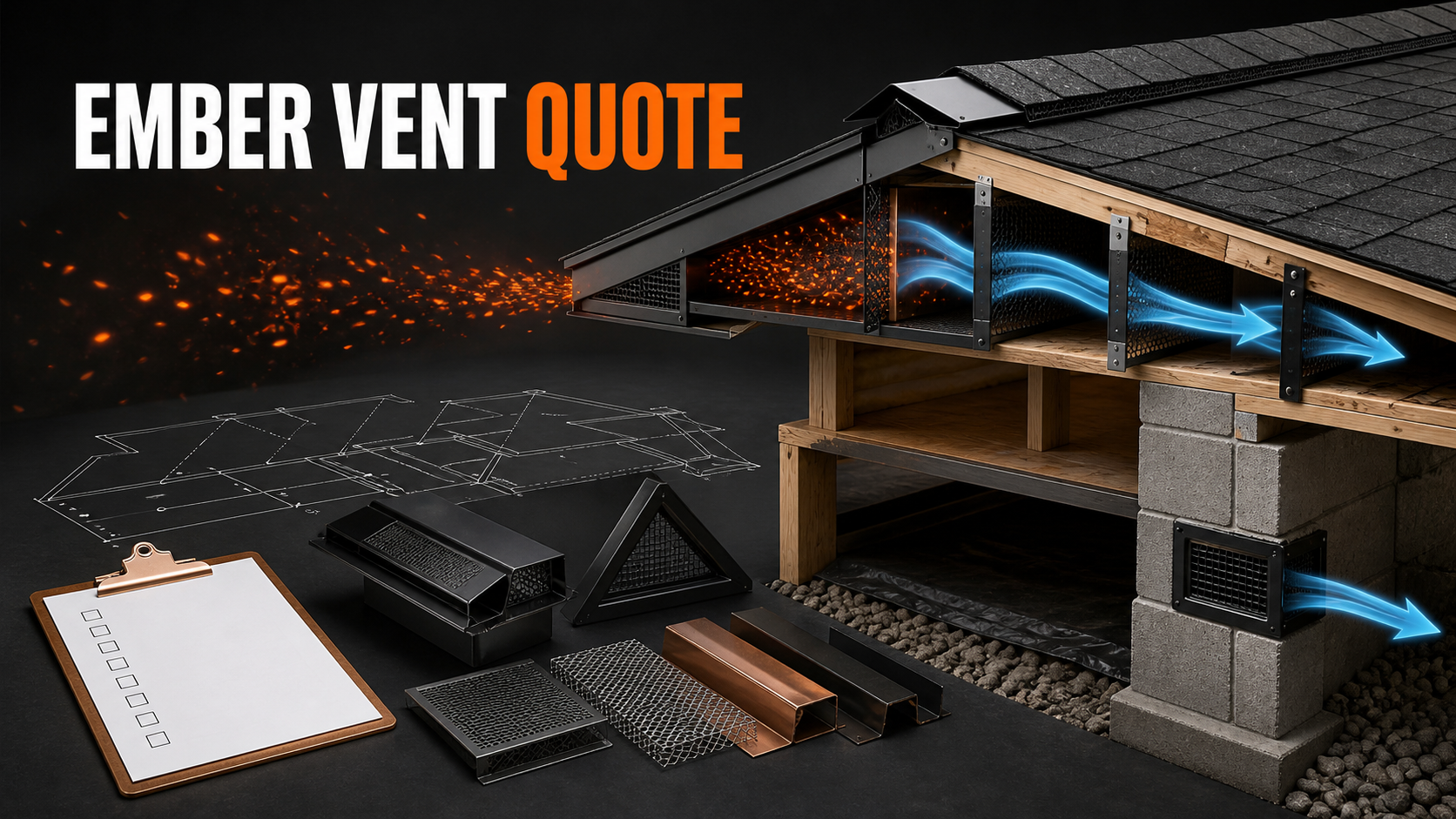 Ember-resistant vent quote planning with eave, gable, ridge and crawlspace vents, ember baffles, airflow arrows, mesh, sealed gaps, corrosion samples, and checklist