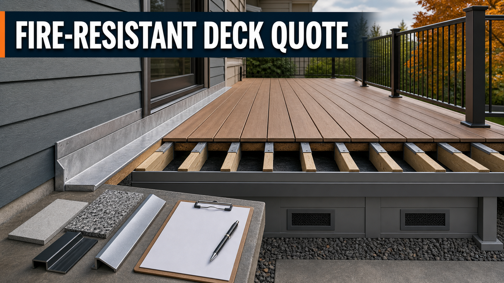 Fire-resistant deck retrofit quote review with noncombustible transition boards, board gaps, joist protection, flashing, enclosed underdeck space and inspection plan
