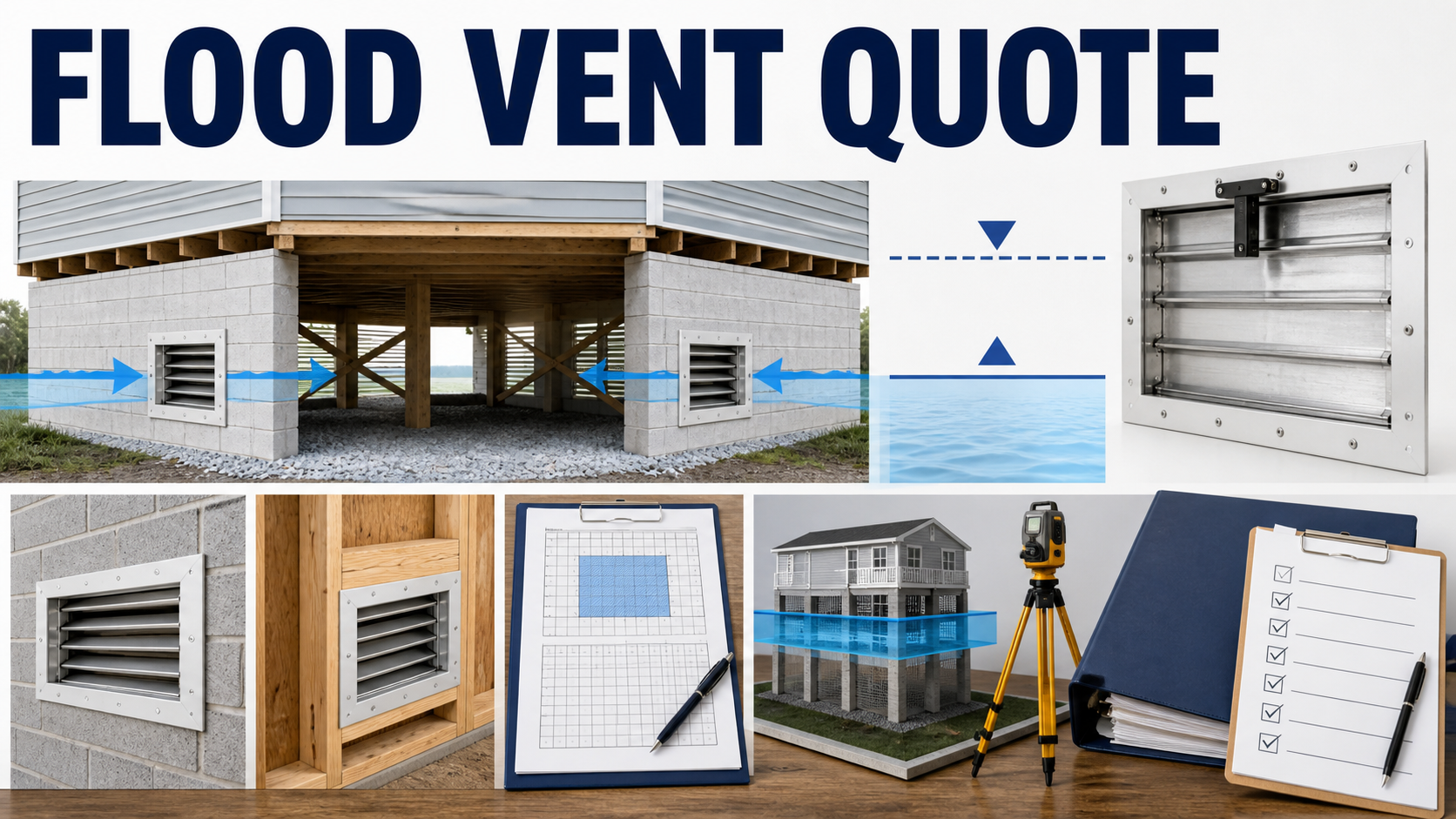 Flood vent quote planning with elevated enclosure, automatic openings, water-level arrows, wall details, area calculation, survey equipment, and inspection checklist