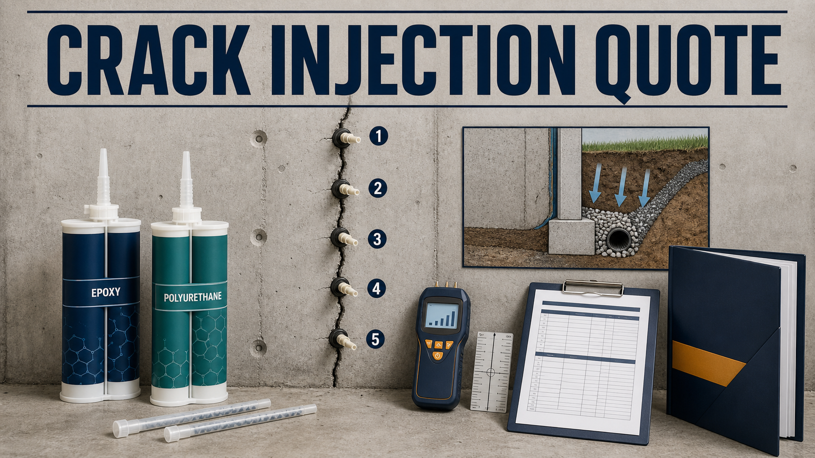 Foundation crack injection quote review with mapped concrete crack, injection ports, repair materials, moisture meter, drainage sketch, and test log