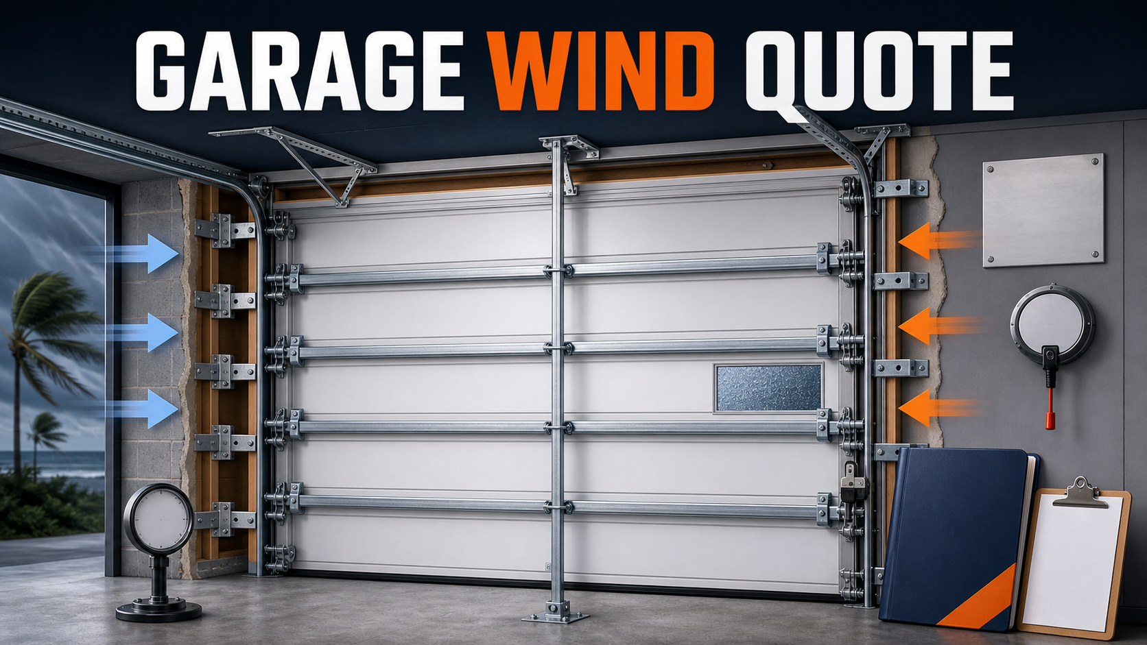 Garage door wind retrofit quote planning with reinforcement struts, tracks, brackets, jamb and ceiling anchors, center brace, pressure arrows, glazing, balance gauge, and checklist