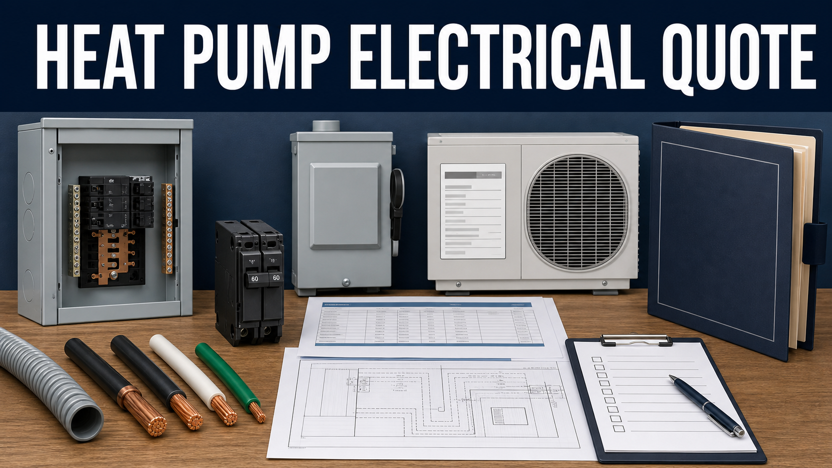 Heat pump electrical readiness quote review with panel, load calculation, breaker, conductors, disconnect, equipment nameplate, route plan, and test checklist