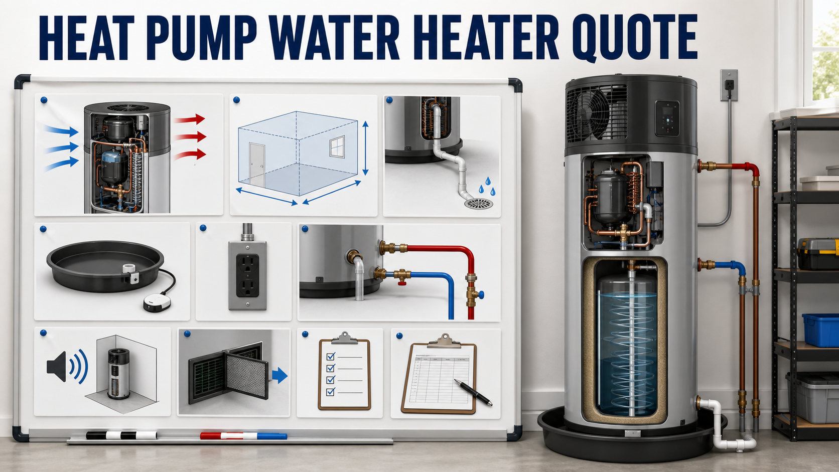 Heat pump water heater quote planning with airflow, room volume, condensate drain, electrical circuit, plumbing, drain pan, controls, and maintenance log