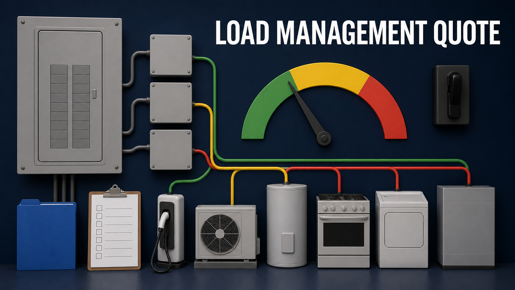 Home load management quote planning with electrical panel, current sensors, local controller, prioritized EV and appliance circuits, capacity gauge, manual override, gateway, test meter, and checklist