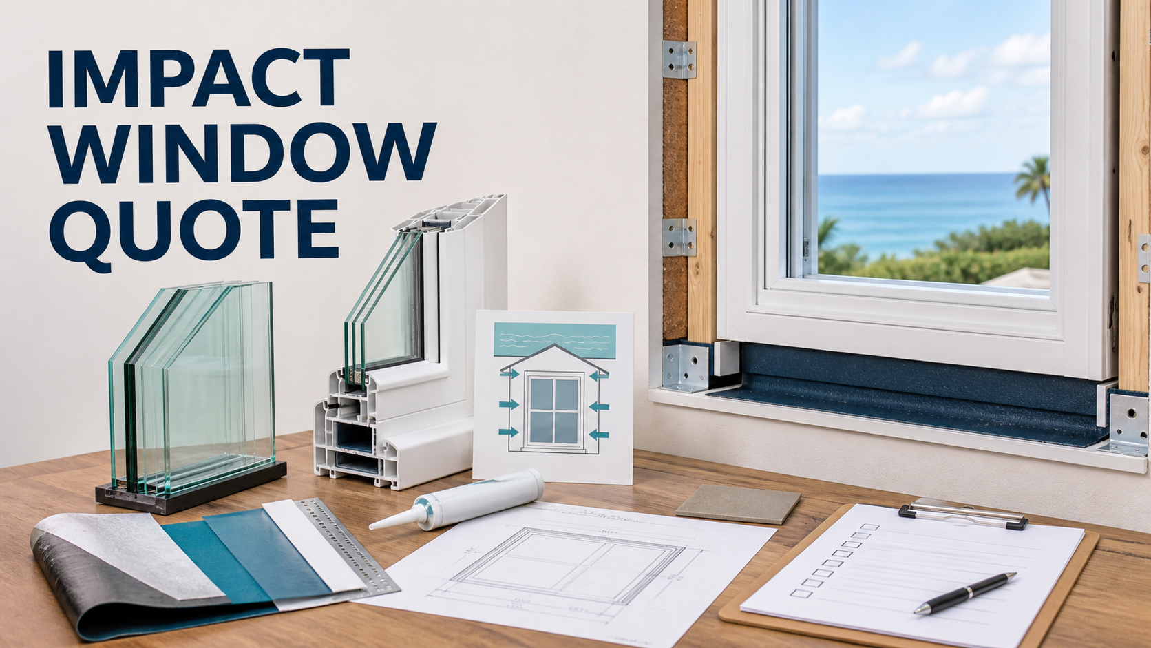 Impact window replacement quote review with laminated glazing, full frame, flashing, anchors, sealant, and measurements