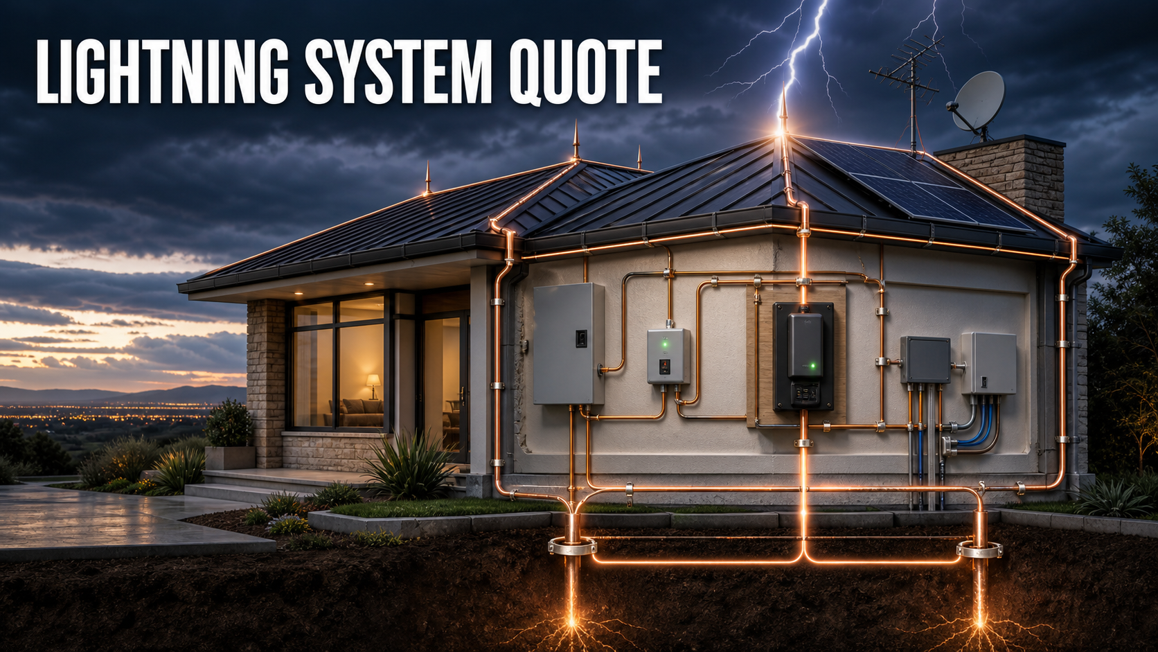 Residential lightning protection quote planning with air terminals, roof and down conductors, bonding, grounding electrodes, service surge protection, solar and antenna interfaces, and inspection checklist