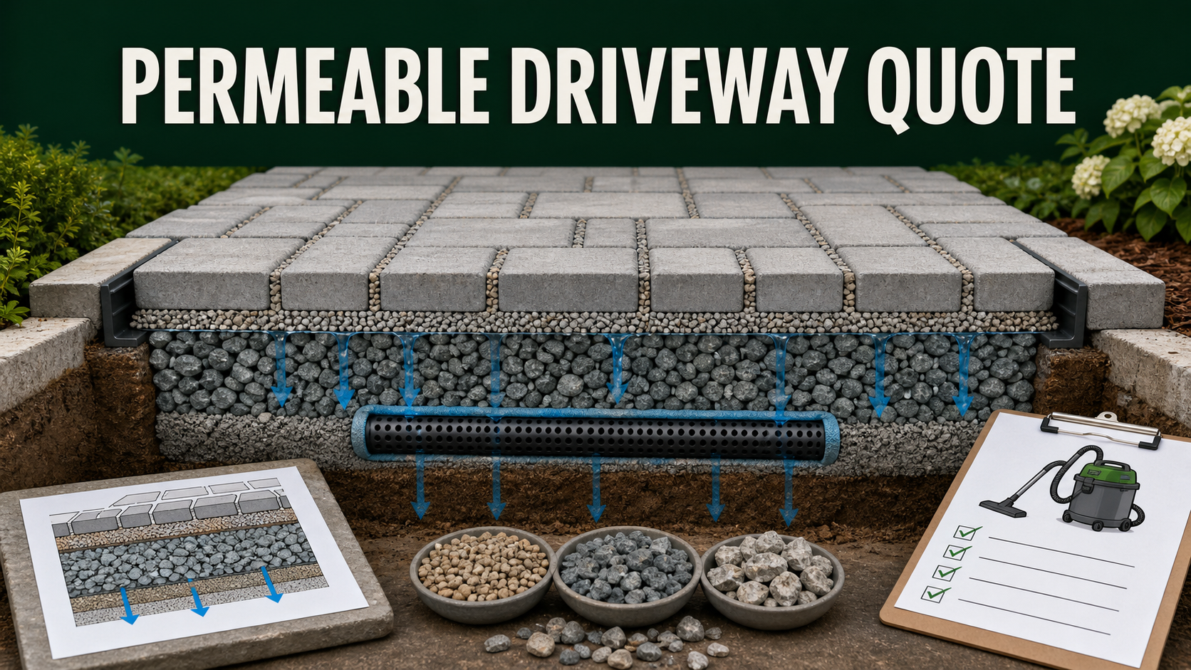 Permeable paver driveway quote review with paver and stone-reservoir cutaway, underdrain, edge restraint, infiltration test, and maintenance checklist
