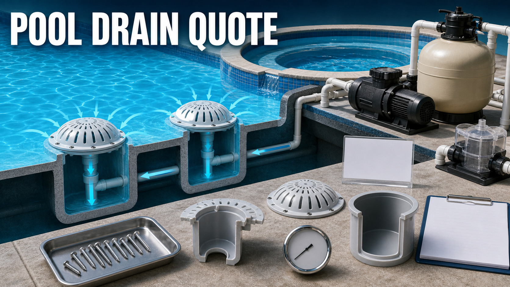Pool drain safety quote planning with dual domed outlet covers, correct sumps, balanced suction pipes, flow arrows, pump, vacuum-release module, fasteners, certification, gauge, and checklist