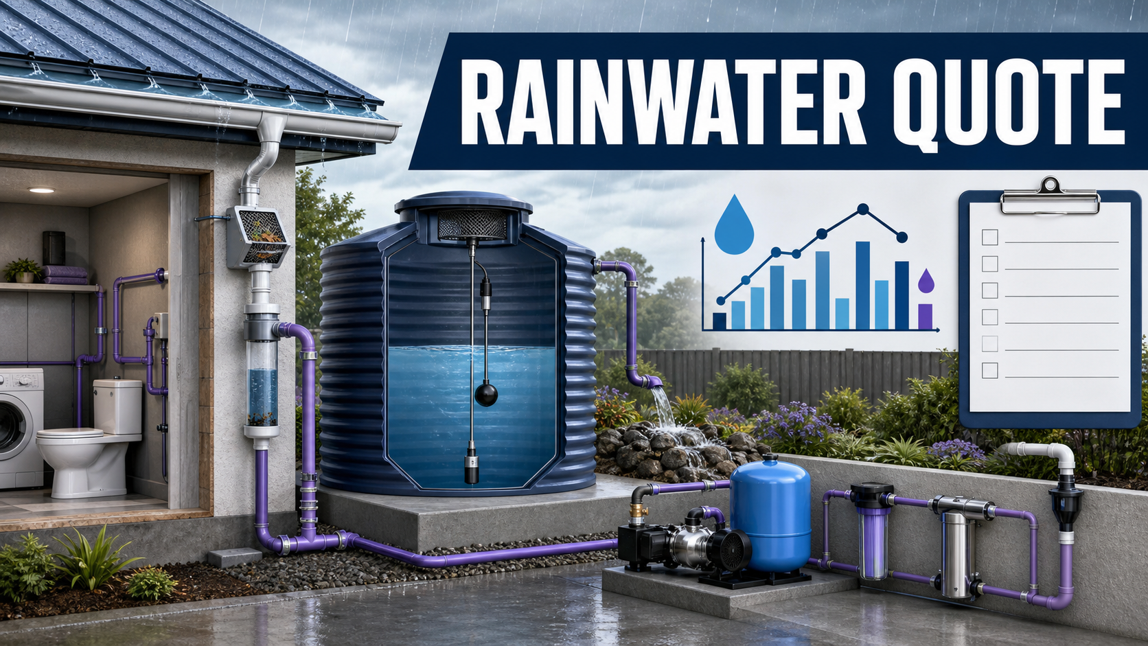 Rainwater harvesting quote planning with roof catchment, inlet screen, first flush, cistern, overflow, pump, pressure tank, treatment, backflow separation, sensor, and checklist