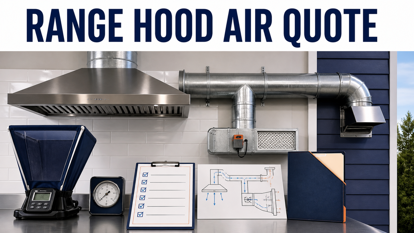 Range hood make-up air quote review with hood canopy, exhaust duct, outdoor cap, make-up air damper and filter, airflow and pressure test tools