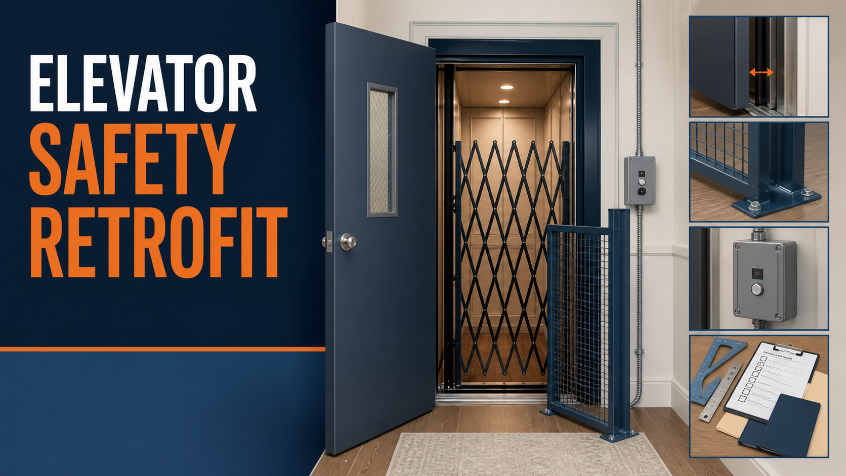 Residential elevator safety retrofit quote review with hoistway door, car gate, gap measurement, space guard, interlock controls, and inspection checklist