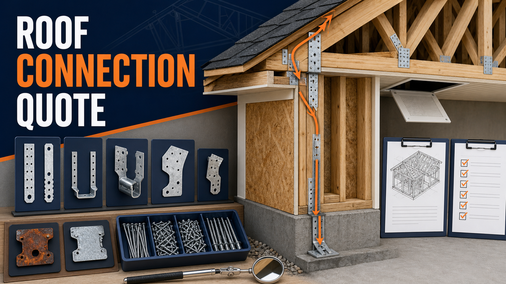 Roof-to-wall connector quote planning with cutaway framing, hurricane straps, continuous load path, fasteners, corrosion samples, access panel, and inspection checklist