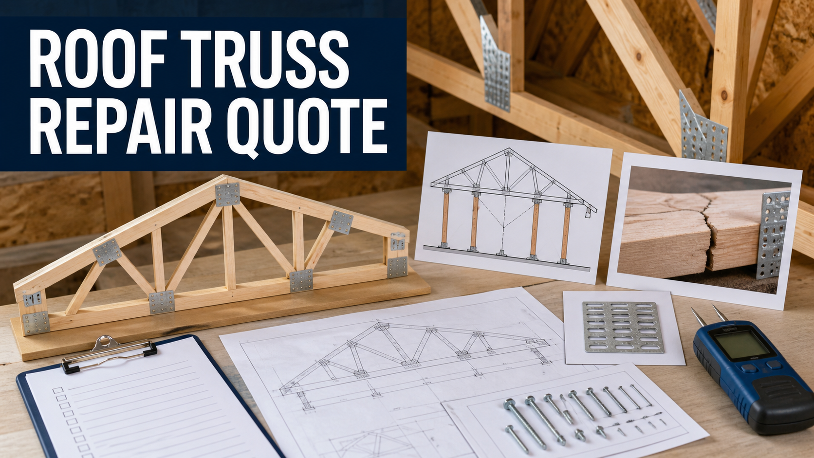 Roof truss repair quote review with engineered truss model, cracked chord, shoring plan, connector plate, and moisture meter