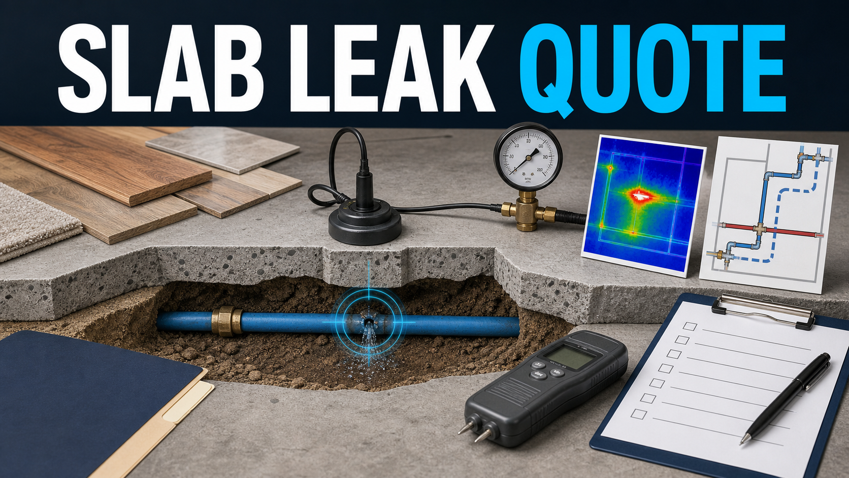 Slab leak repair quote review with under-slab pipe cutaway, leak detection tools, pressure gauge, reroute diagram, flooring, and drying checklist