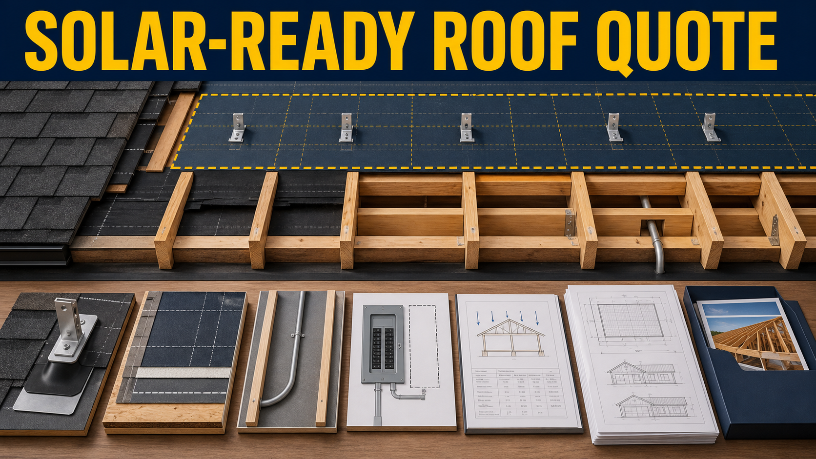 Solar-ready roof preparation quote review with array zone, structural blocking, flashed attachment, conduit path, electrical panel space, and load documents